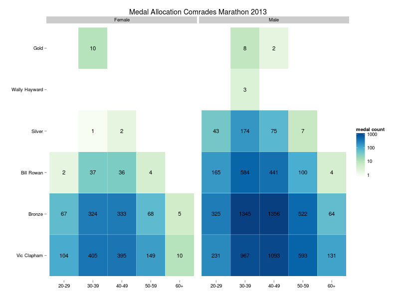 Number of medals won in the 2013 Comrades Marathon broken down by age group and gender.