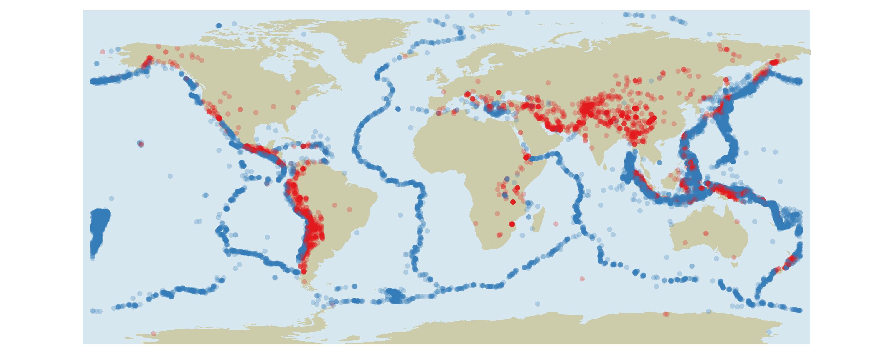 Map showing earthquake epicentre locations, coded according to whether the location is on land or under ocean.