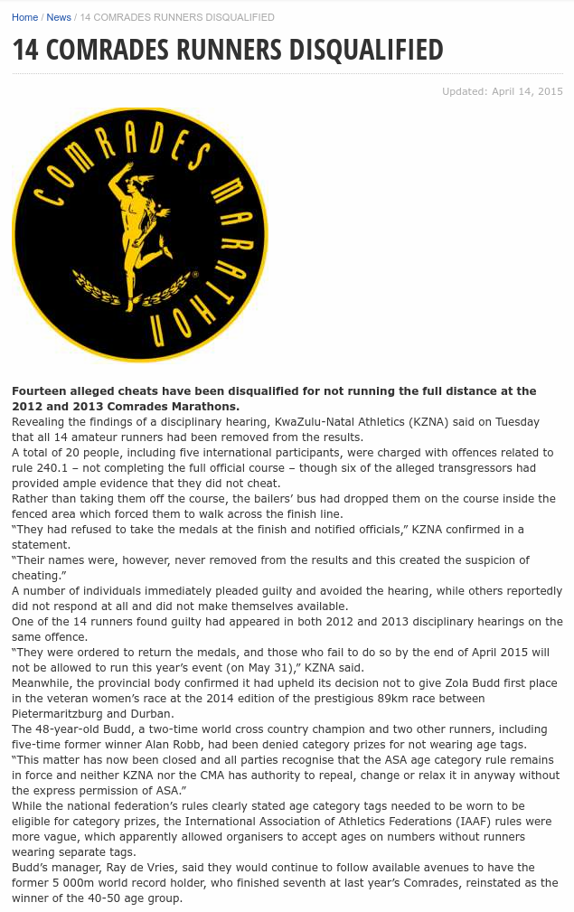 Article indicating that 14 runners were disqualified from the Comrades Marathon.
