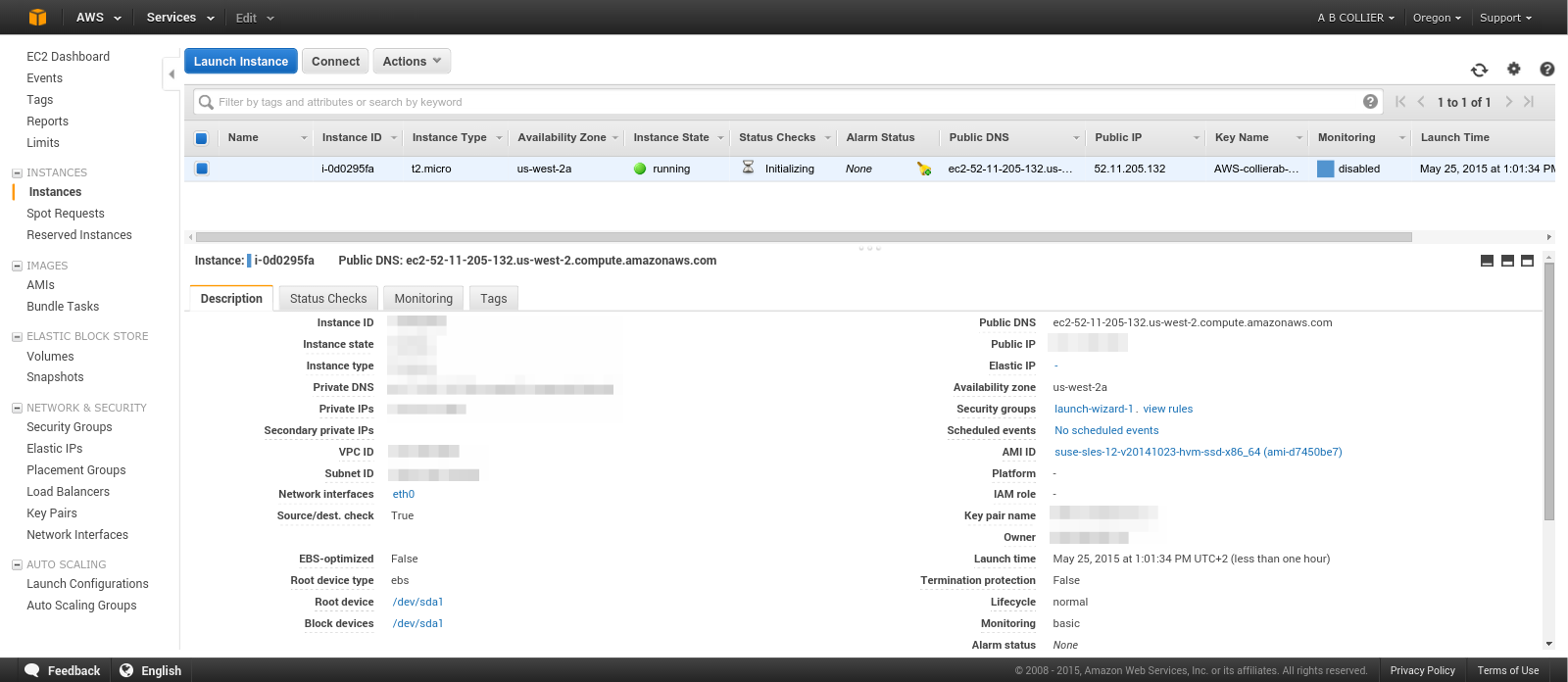 Listing instances in the EC2 dashboard.