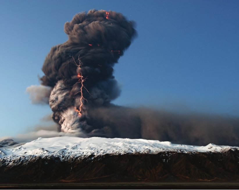 A volcanic plume containing a lightning discharge.