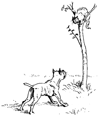 A simple black and white picture of a dog chasing a cat up a tree.