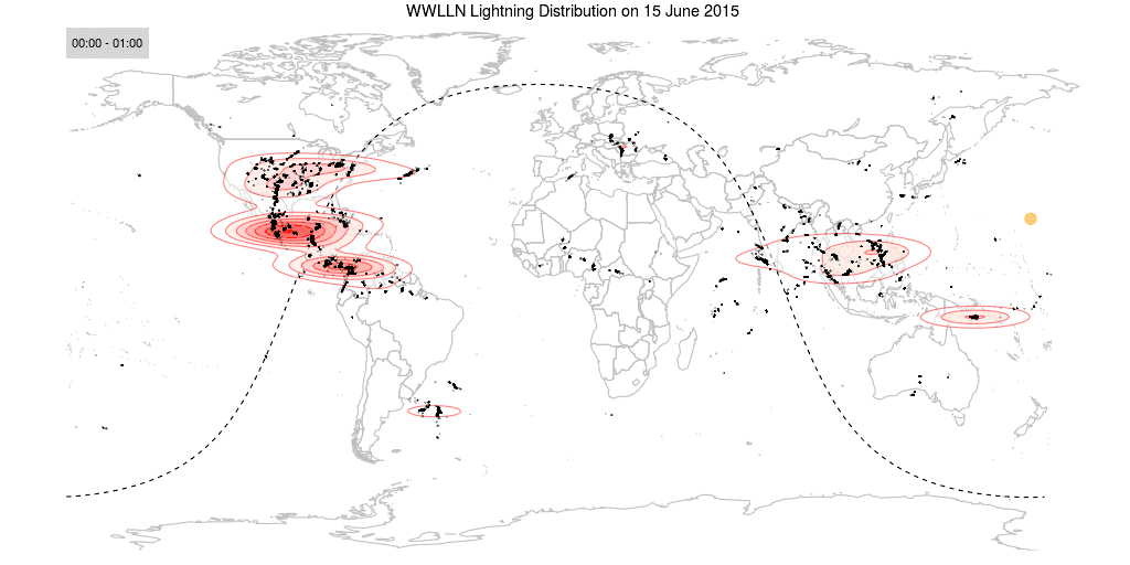 Animation of lightning strikes detected by WWLLN on 15 June 2015.