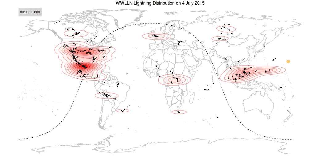 Animation of lightning strikes detected by WWLLN on 4 July 2015.