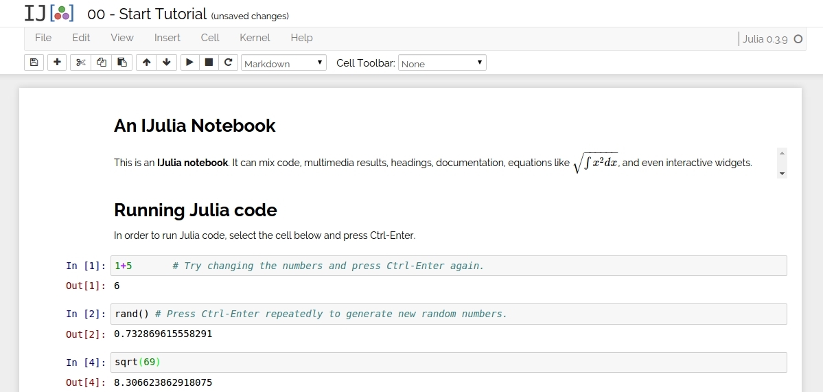 A Julia session in an iJulia notebook.