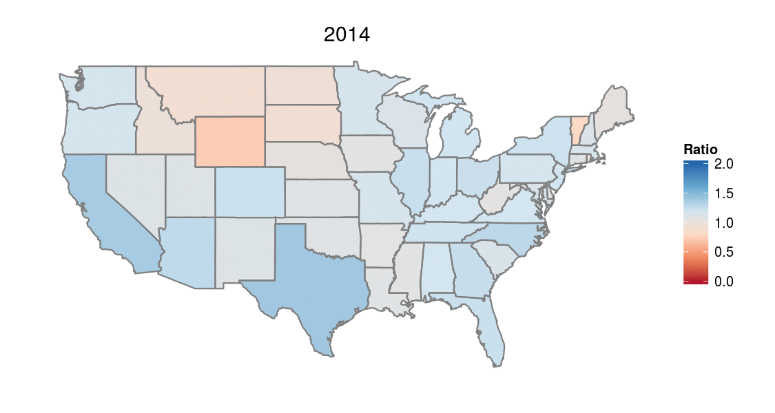 Choropleth showing the ratio of number of female names to male names.