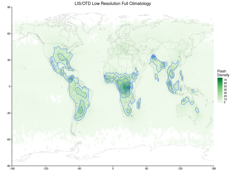 Map showing lightning flash density.