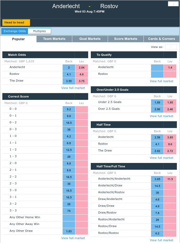 Odds for various outcomes in the football match between Anderlecht and Rostov.