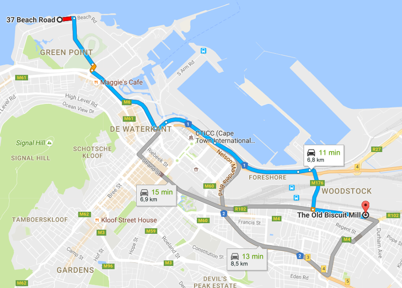 Route for a trip from Mouille Point to the Old Biscuit Mill.