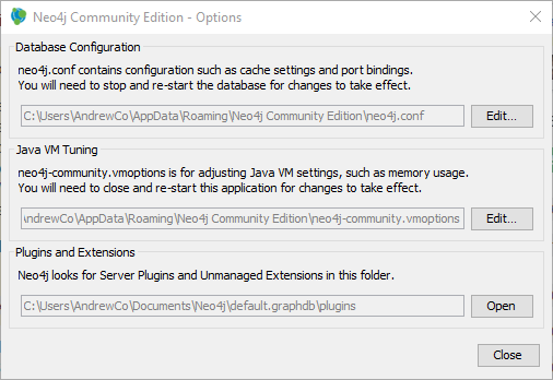 Neo4j configuration dialog.