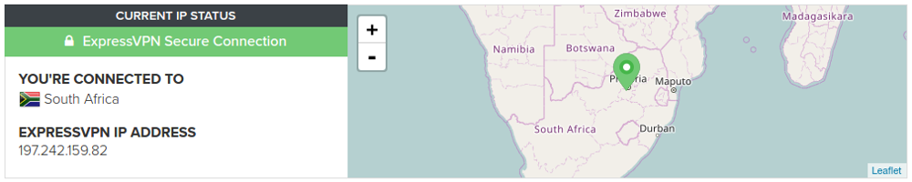 Map showing ExpressVPN exit point in Pretoria, South Africa.