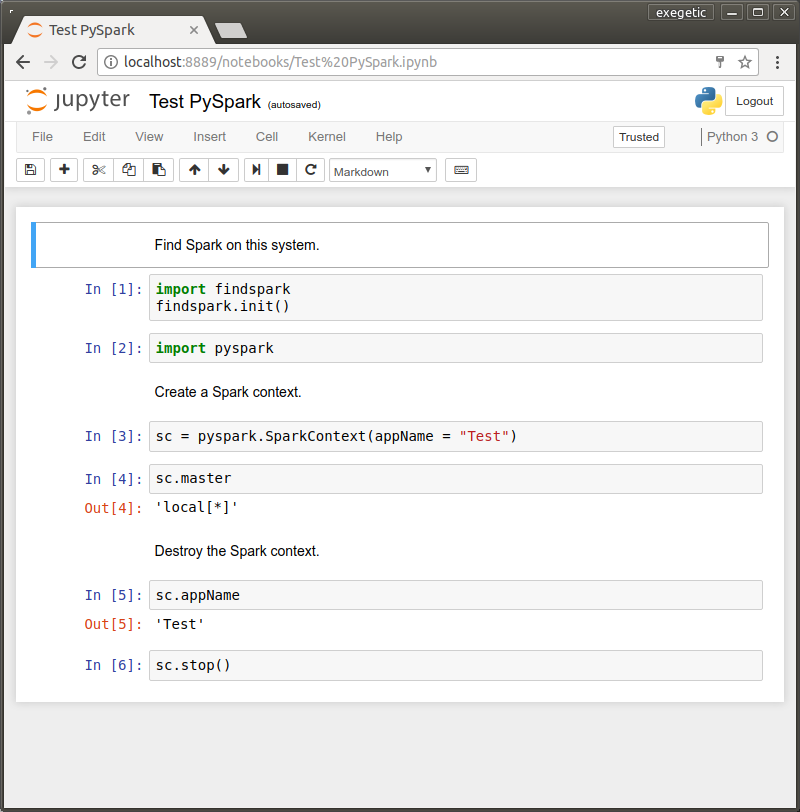 A Jupyter notebook using the `findspark` and `pyspark` packages.