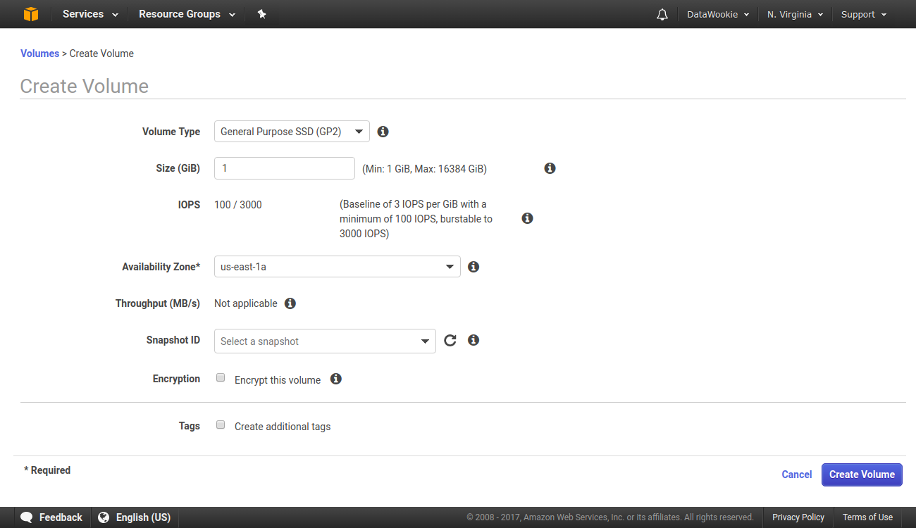 Adding a new volume in the AWS console.