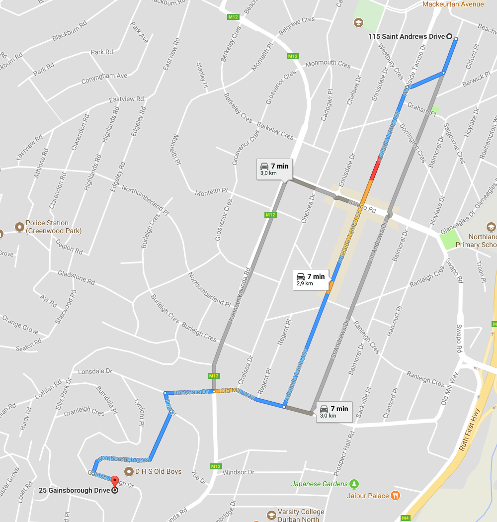 Google Maps showing recommended route from A to B.