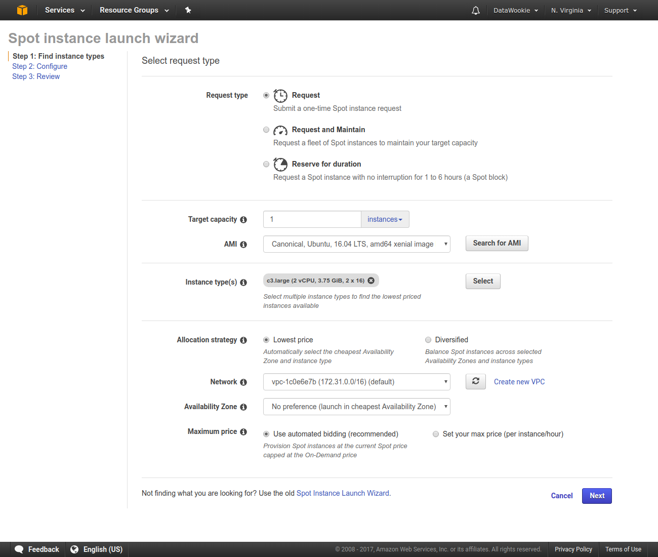 Step 1: Choosing target capacity, AMI and instance type.