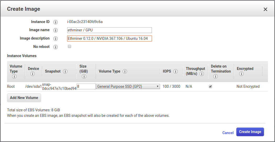 Creating an AMI: Setting name and description.