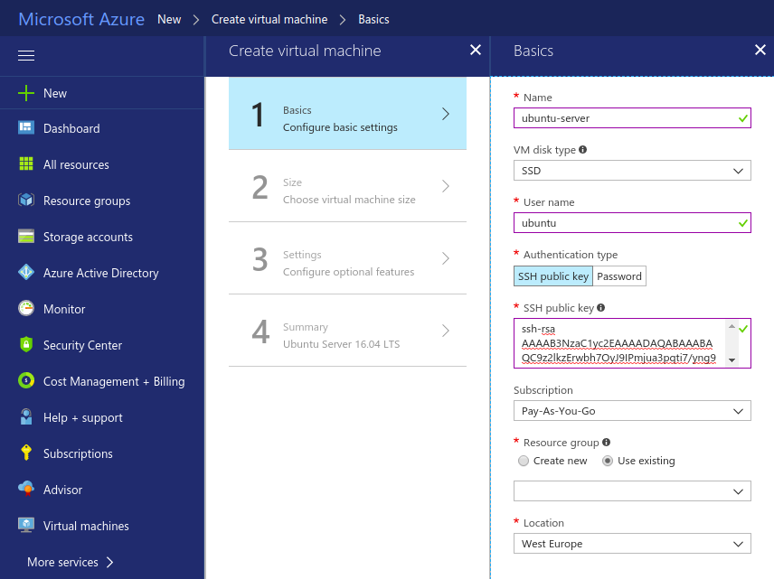 Basic configuration of an Azure VM.