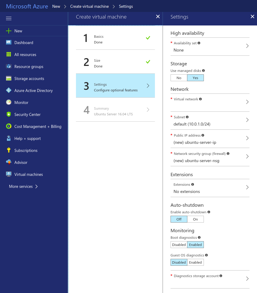 Settings for an Azure VM.