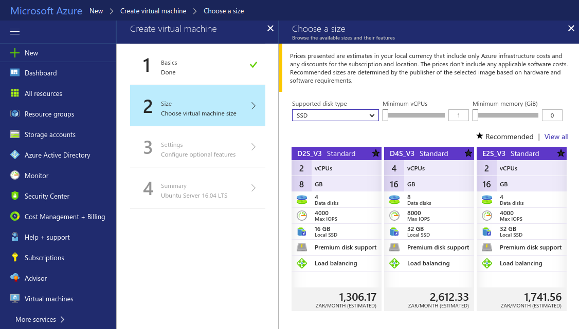 Choosing machine size for Azure VM.