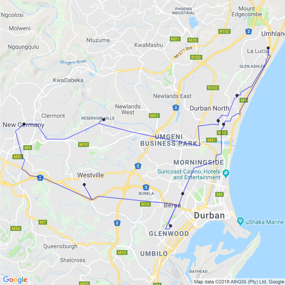 Optimal route between various locations around Durban.