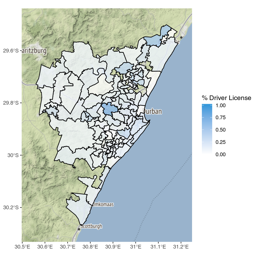 Map showing the proportion of people with drivers licenses broken down by ward.