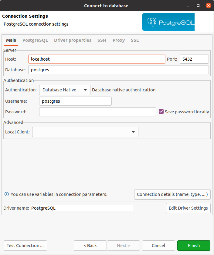 DBeaver dialog for connecting to a PostgreSQL database.