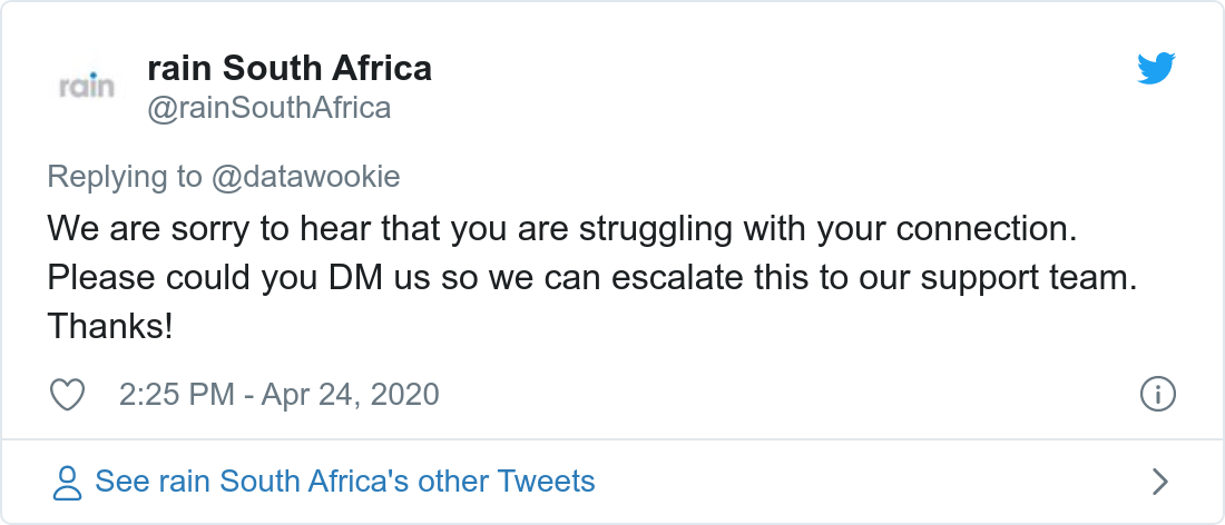 Tweet about poor bandwidth provided by Rain.