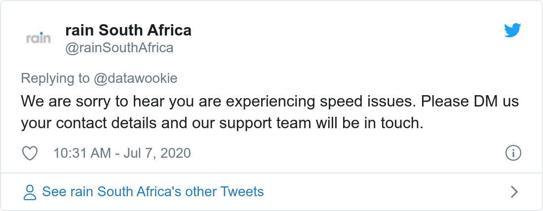 Tweet about poor bandwidth provided by Rain.