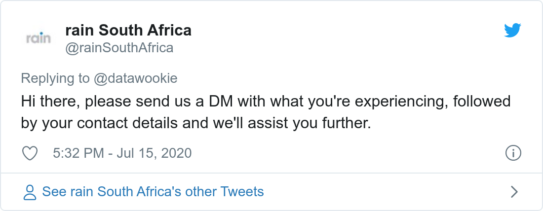 Tweet about poor bandwidth provided by Rain.