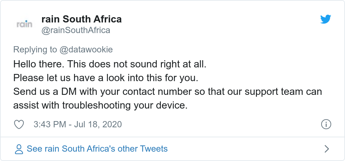 Tweet about poor bandwidth provided by Rain.