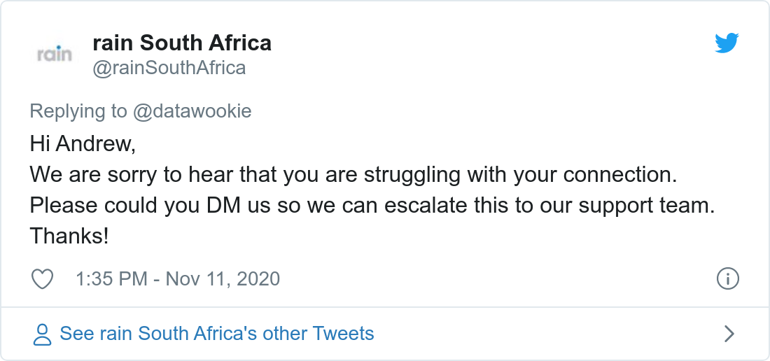 Tweet about poor bandwidth provided by Rain.