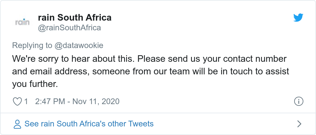 Tweet about poor bandwidth provided by Rain.