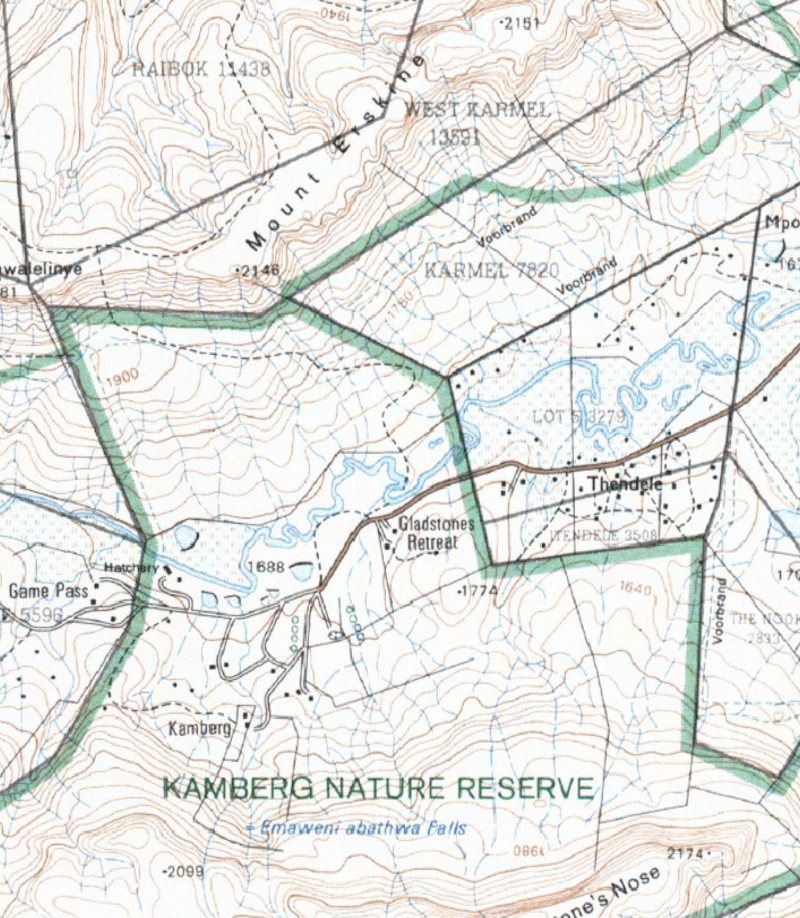 A topographic map of the Kamberg area of the Drakensberg.