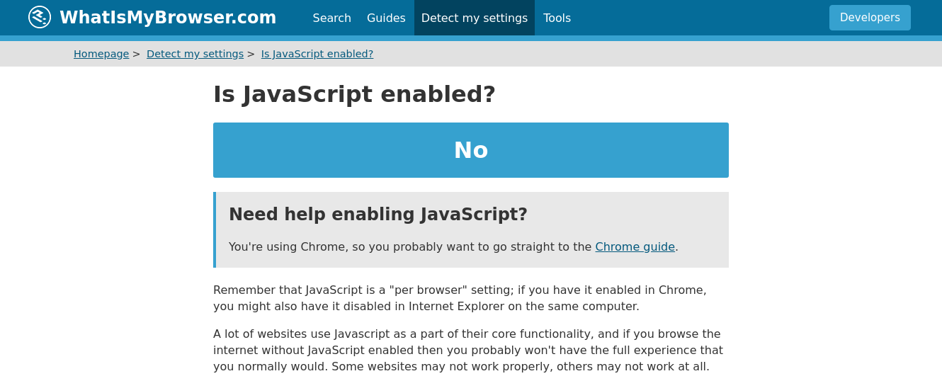 WhatIsMyBrowser.com showing that JavaScript is disabled.