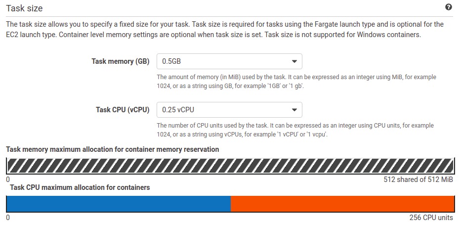 ECS task size settings.