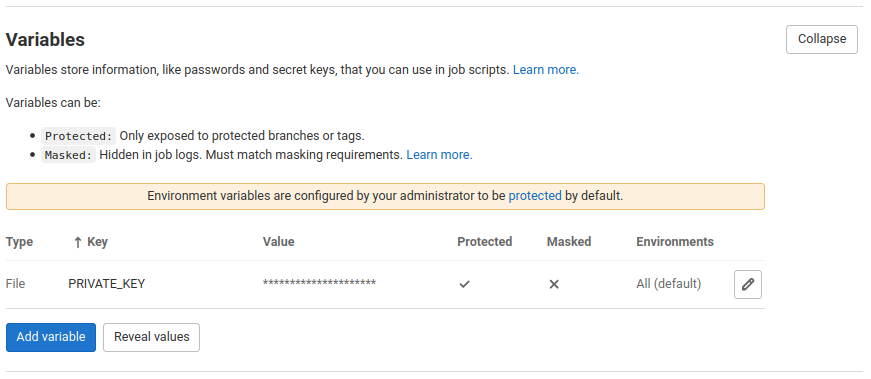 Private key stored as a CI/CD environment variable on GitLab.