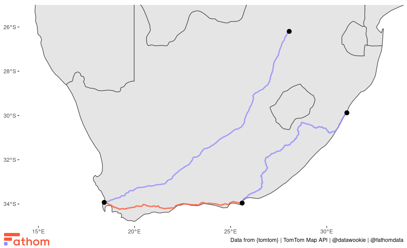Map showing optimal route between Durban, Port Elizabeth, Cape Town and Johannesburg.