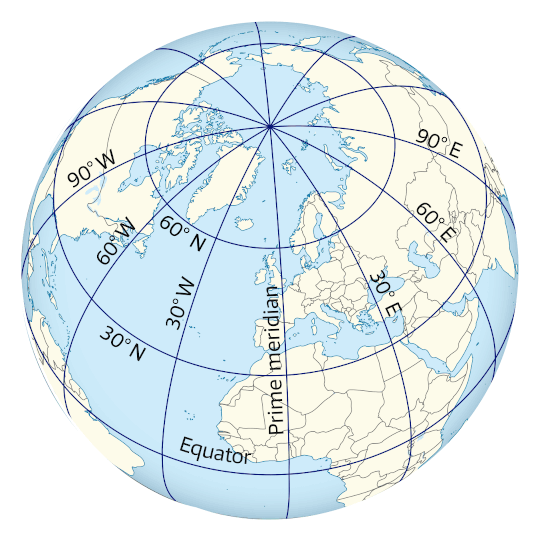 Map projected onto sphere showing lines of longitude at 30° intervals.