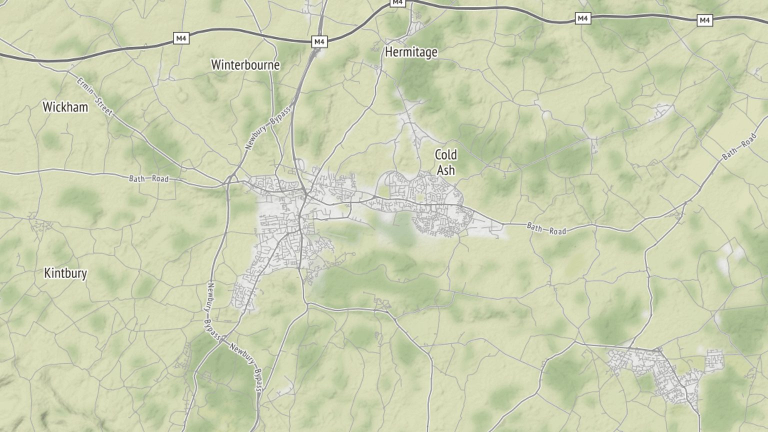 A blended map of West Berkshire showing terrain lines and watercolour.