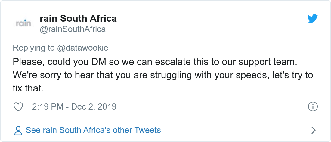 Tweet about poor bandwidth provided by Rain.