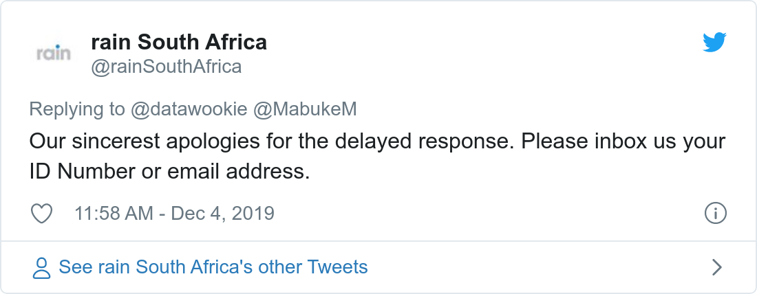 Tweet about poor bandwidth provided by Rain.