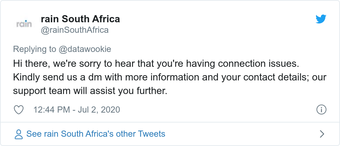 Tweet about poor bandwidth provided by Rain.