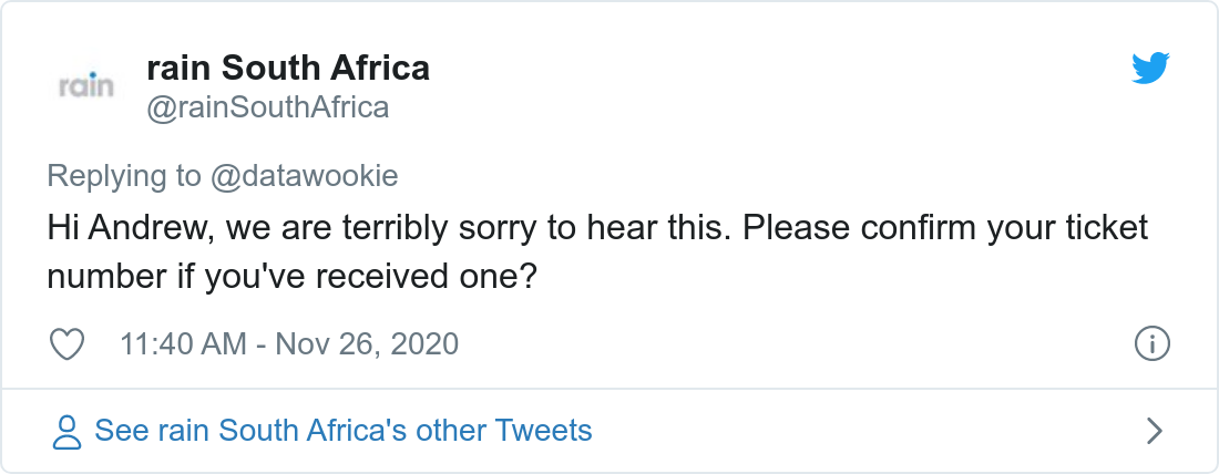 Tweet about poor bandwidth provided by Rain.