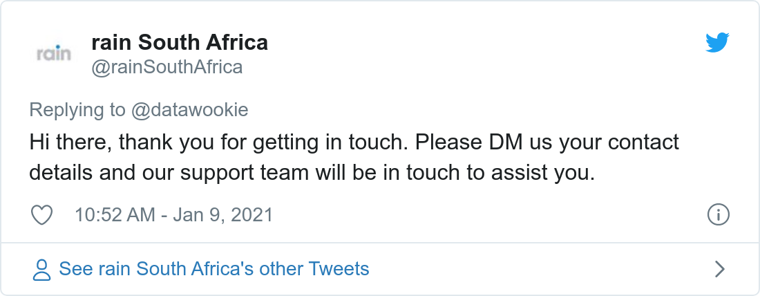 Tweet about poor bandwidth provided by Rain.