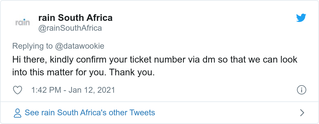 Tweet about poor bandwidth provided by Rain.