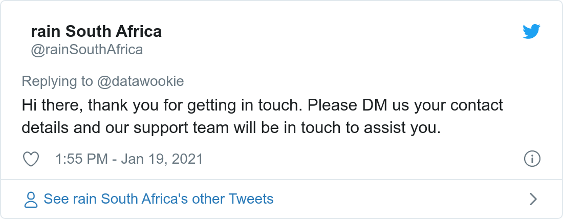 Tweet about poor bandwidth provided by Rain.