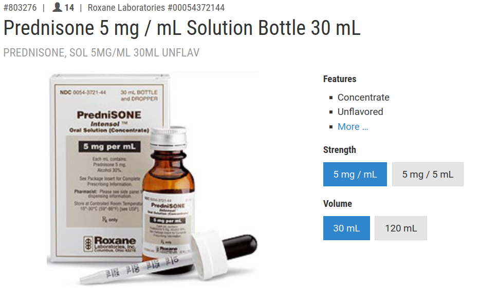 Picture of bottle of Prednisone and dropper with details.