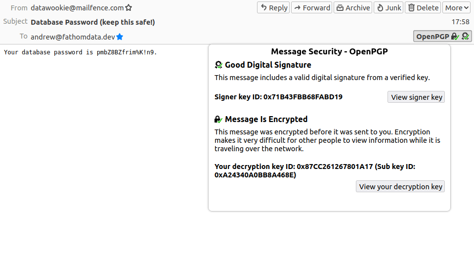 An encrypted message in Thunderbird email client.