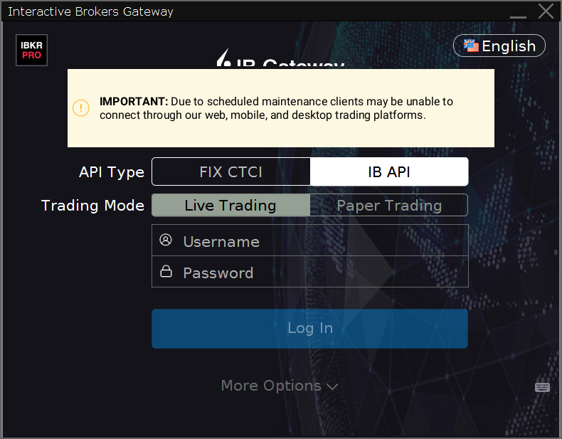 Interactive Brokers Gateway login dialog with notice about scheduled maintenance.