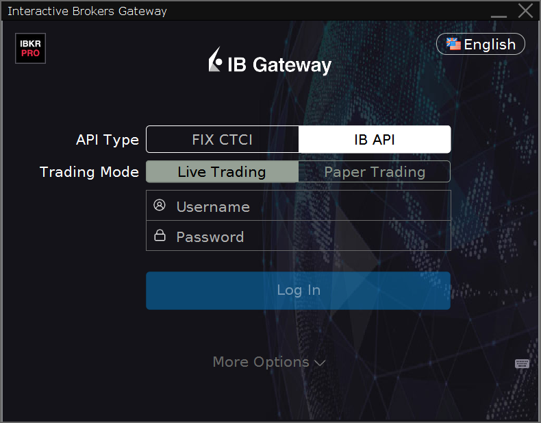 Interactive Brokers Gateway login dialog.